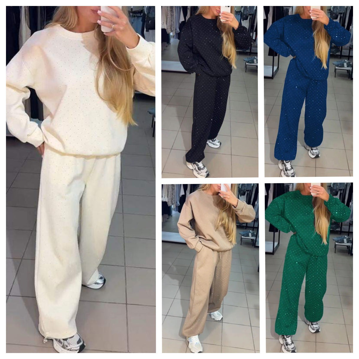 Women's Casual Round Neck Drilling Drawstring Ankle-tied Two-piece Suit