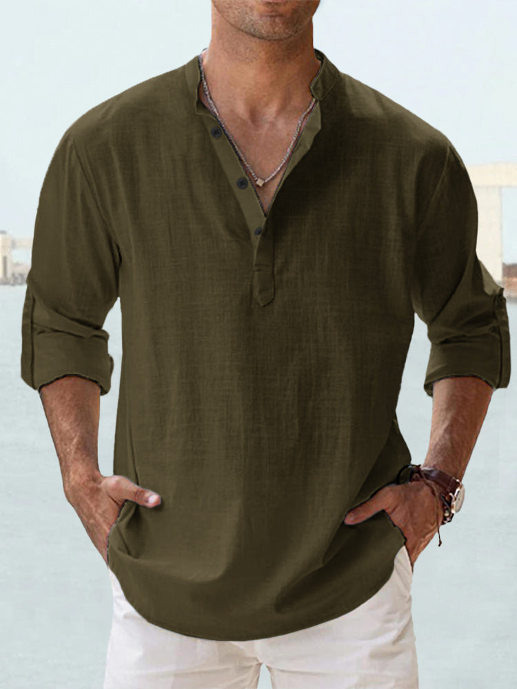 New Men's Casual Blouse Cotton Linen Shirt Loose Tops Long Sleeve