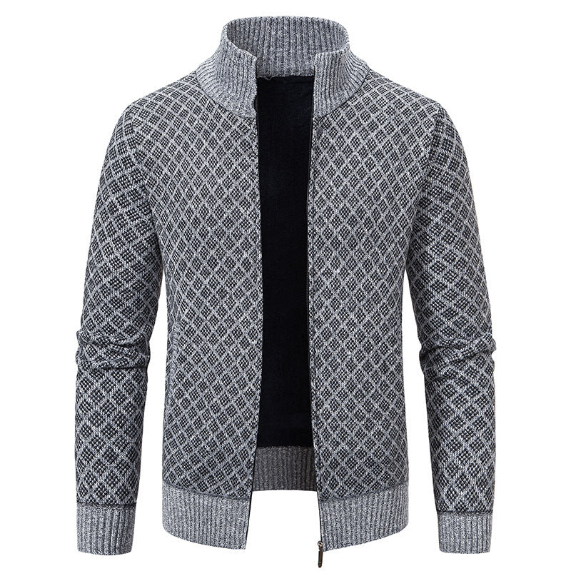 Thickened Plaid Print Jacket Cardigan Fashion Slim Fit Zipper Stand Collar Sweater