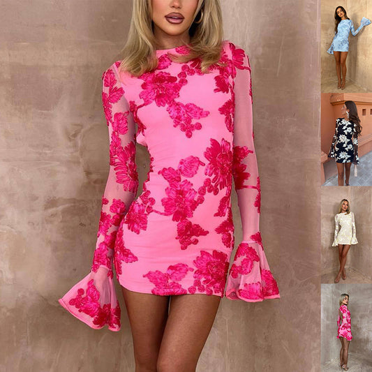 Flowers Bell-sleeved Dress For Party Club Women Clothing
