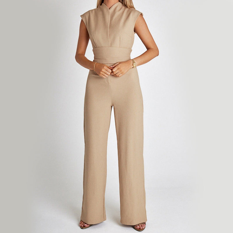 Modieuze en elegante lange mouwloze jumpsuit met V-hals, casual model met wijde pijpen voor de zomer, geschikt voor dames.