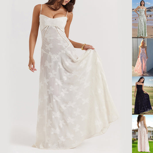 Sexy Flowers Lace Suspender Dress Summer Fashion Slim Back Lace-up Long Dresses Party Evening Club Clothing For Women