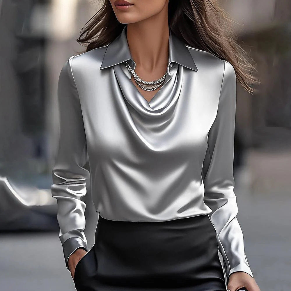 Women's Swing Collar Draped Shirts & Blouses Elegant Solid Satin