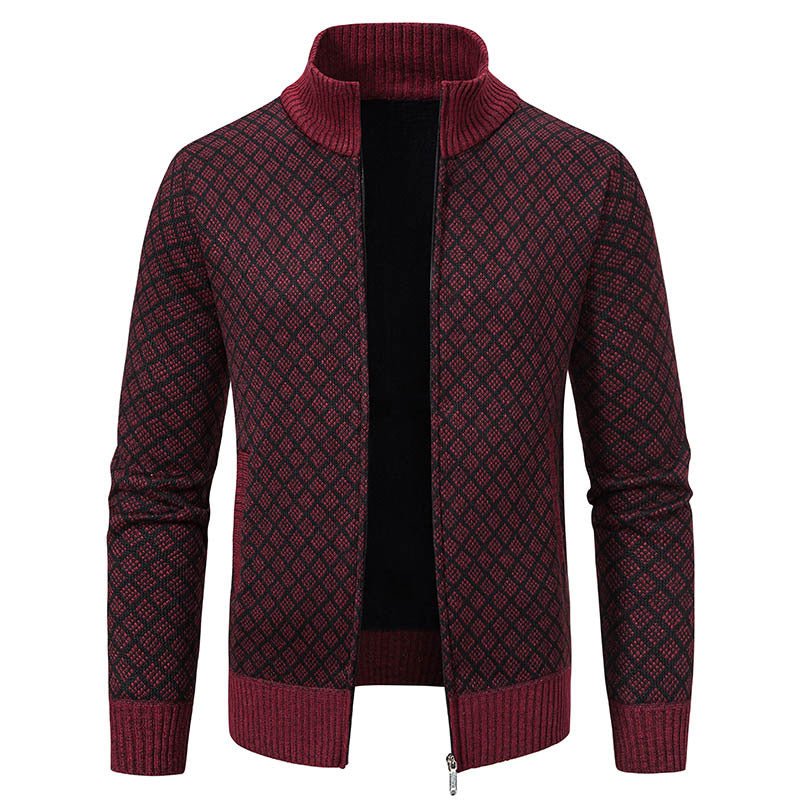 Thickened Plaid Print Jacket Cardigan Fashion Slim Fit Zipper Stand Collar Sweater