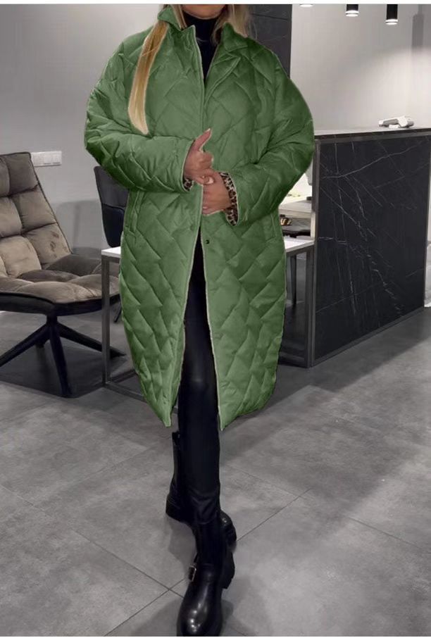 Winterjas met ruitvormig stiksel, warme effen kleur, zakken, revers, lange jas voor dames