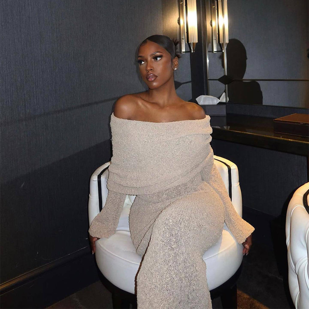 New One-shoulder Knitted Long-sleeved Dress