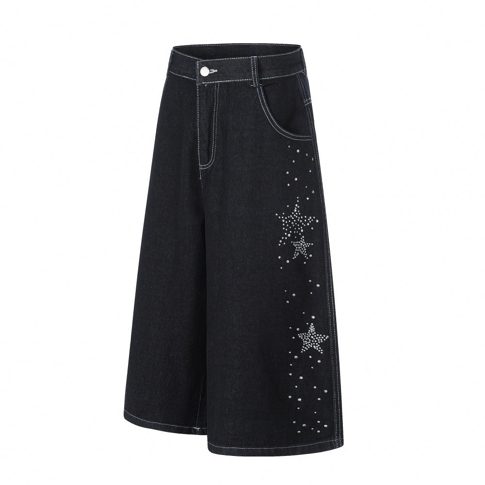 Men's Five-Pointed Star Rhinestone Straight-Leg Denim Shorts