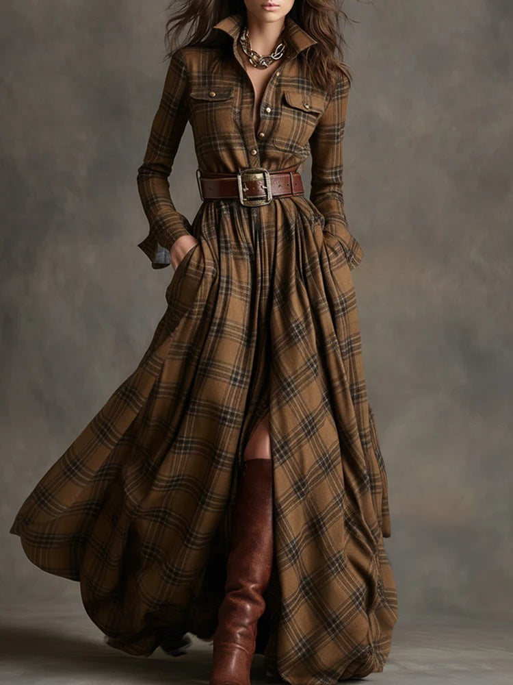 Ins Plaid Print Long-Sleeved Dress