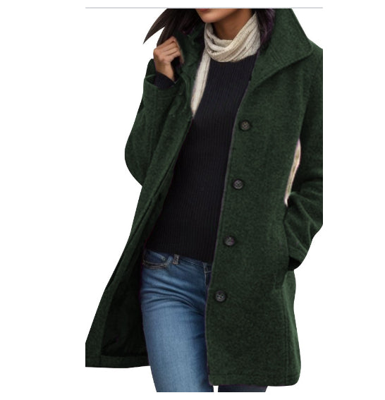 New European And American Women's Medium Length Pure Color Woolen Coat
