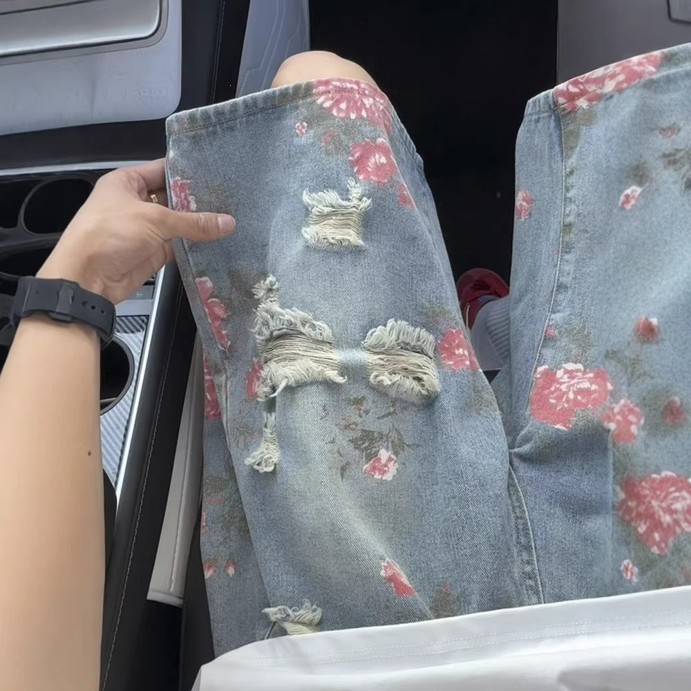 Retro Rose Floral Ripped Denim Shorts