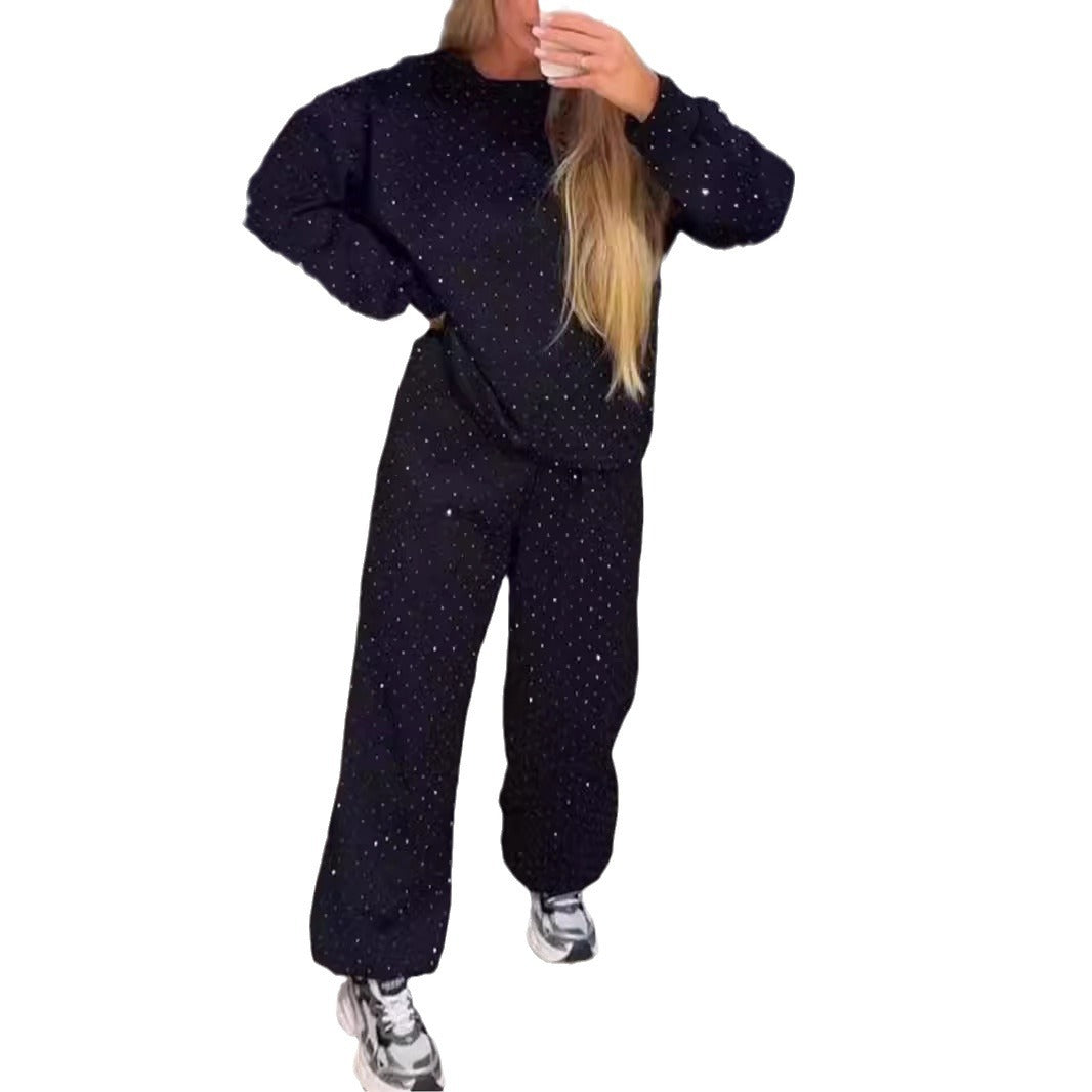 Women's Casual Round Neck Drilling Drawstring Ankle-tied Two-piece Suit