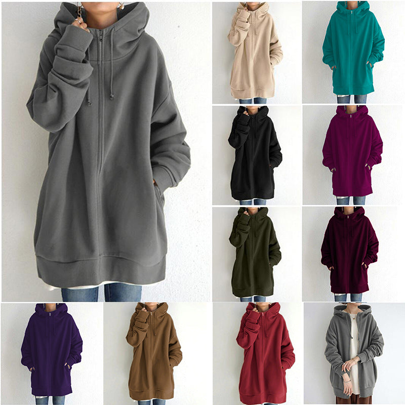 Oversized damesjas met capuchon (maat S-5XL), losse pasvorm, herfst, damesjas met strikkraag, lange mouwen, ritssluiting, lange fluwelen sweater