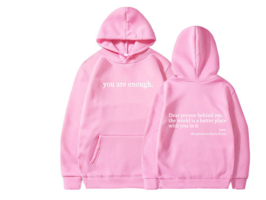 Lieve persoon achter me, de wereld is een betere plek met jou erin, liefs, de persoon voor je, Dames pluche hoodie met letterprint, kangoeroezak en trekkoord, trendy unisex hoodies
