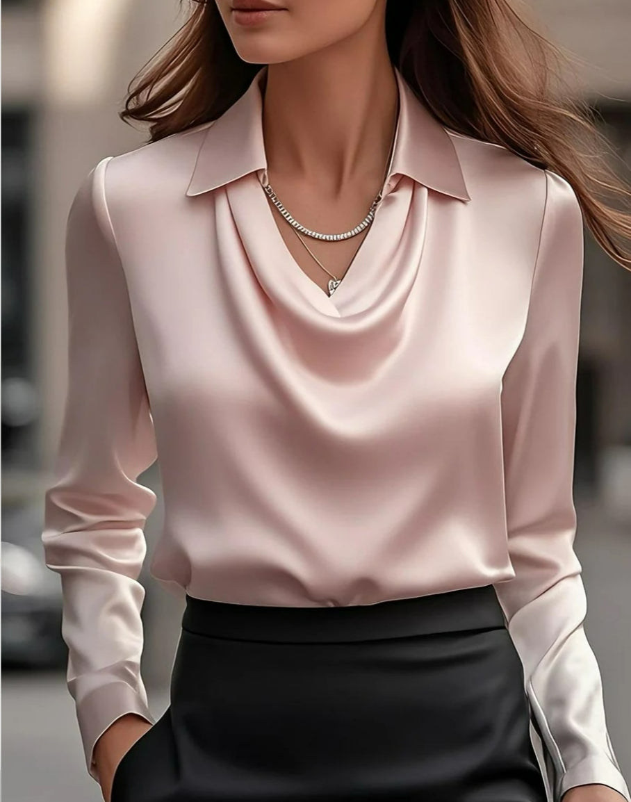 Women's Swing Collar Draped Shirts & Blouses Elegant Solid Satin