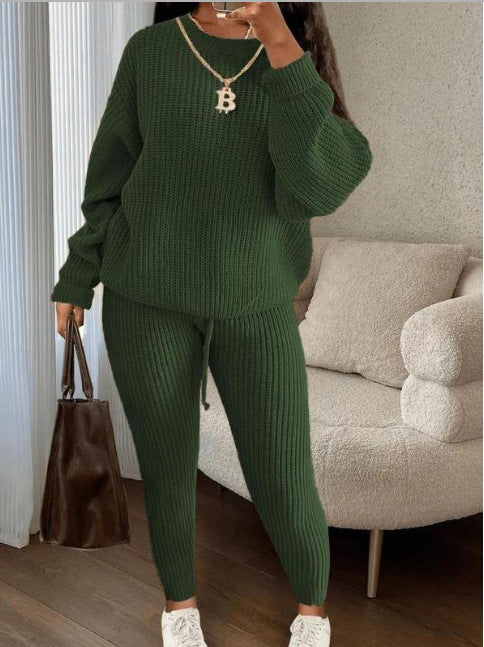 Winter Ribbed Knit Suits Loose Pullover Sweater Top And Drawstring Pants Set