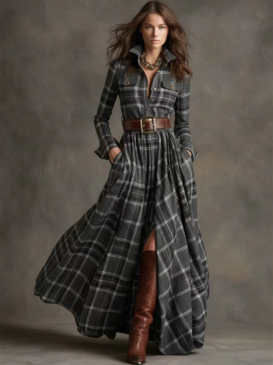Ins Plaid Print Long-Sleeved Dress