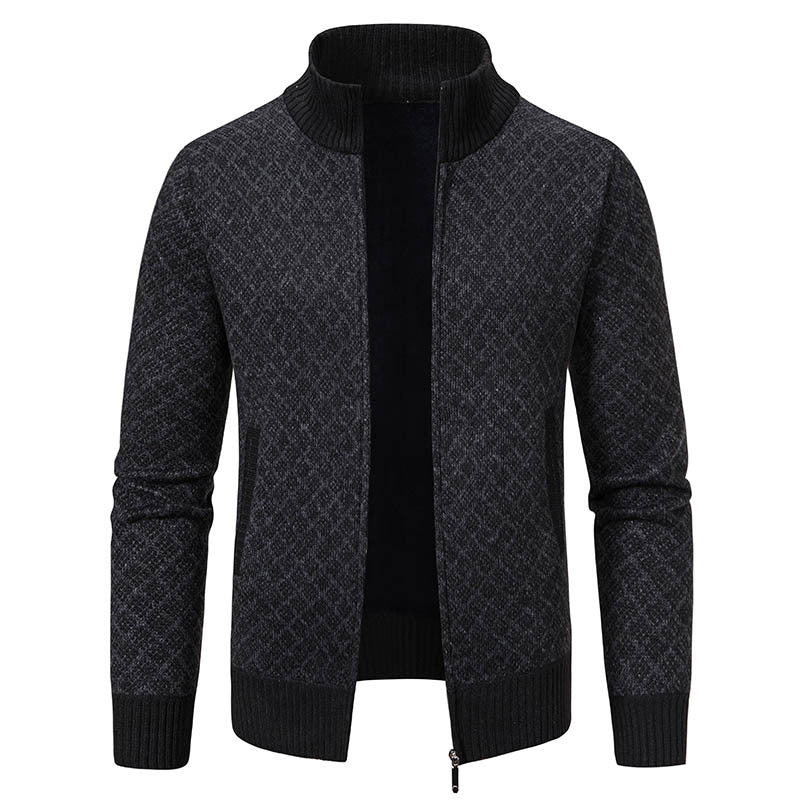 Thickened Plaid Print Jacket Cardigan Fashion Slim Fit Zipper Stand Collar Sweater