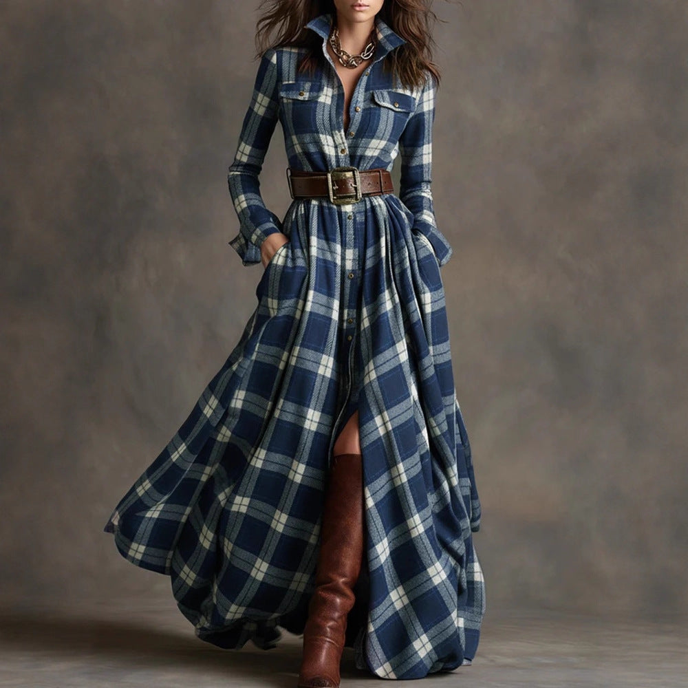 Ins Plaid Print Long-Sleeved Dress