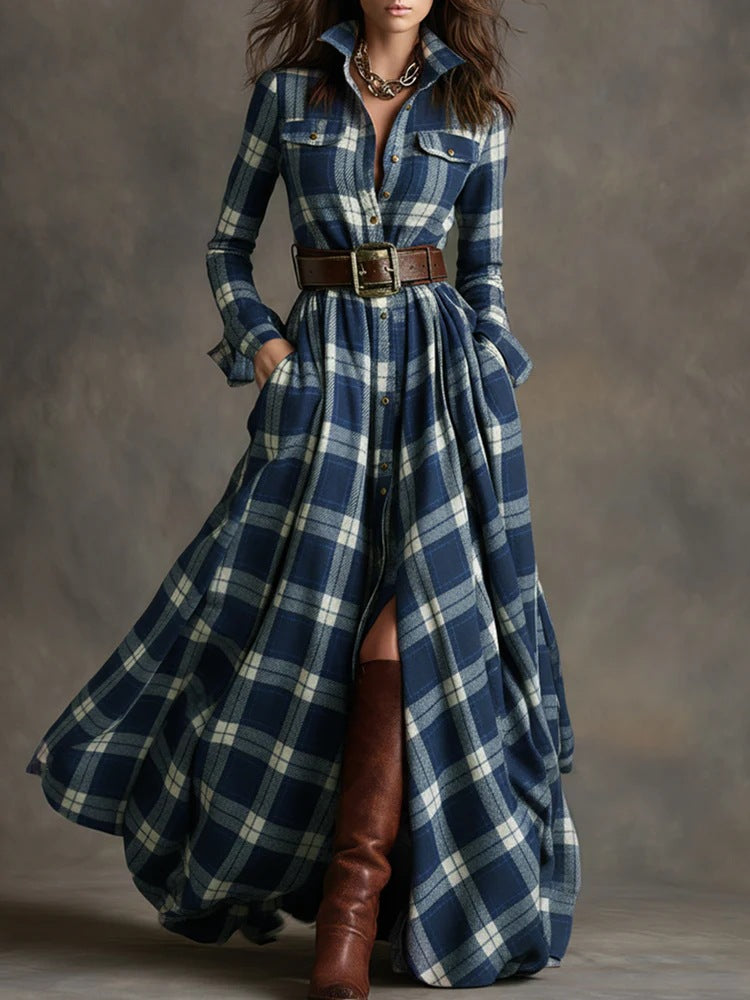 Ins Plaid Print Long-Sleeved Dress