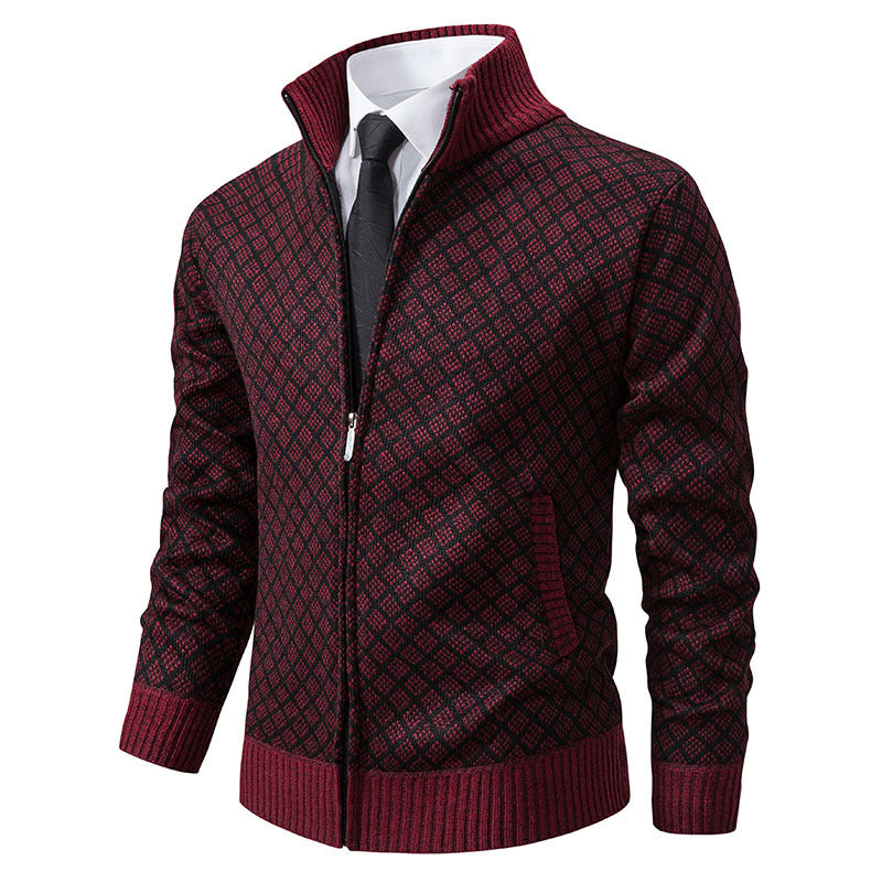 Thickened Plaid Print Jacket Cardigan Fashion Slim Fit Zipper Stand Collar Sweater