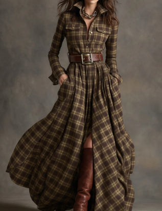 Ins Plaid Print Long-Sleeved Dress