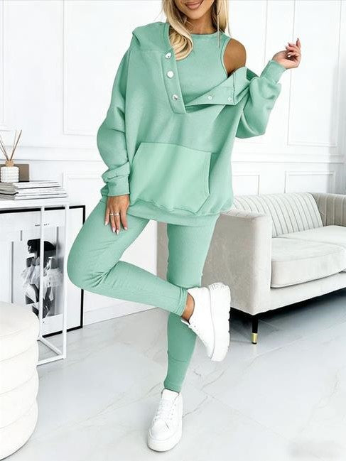 3pcs Women's Sports Suit Loose Hooded Pockets Sweatshirt And Vest And Slim Trousers