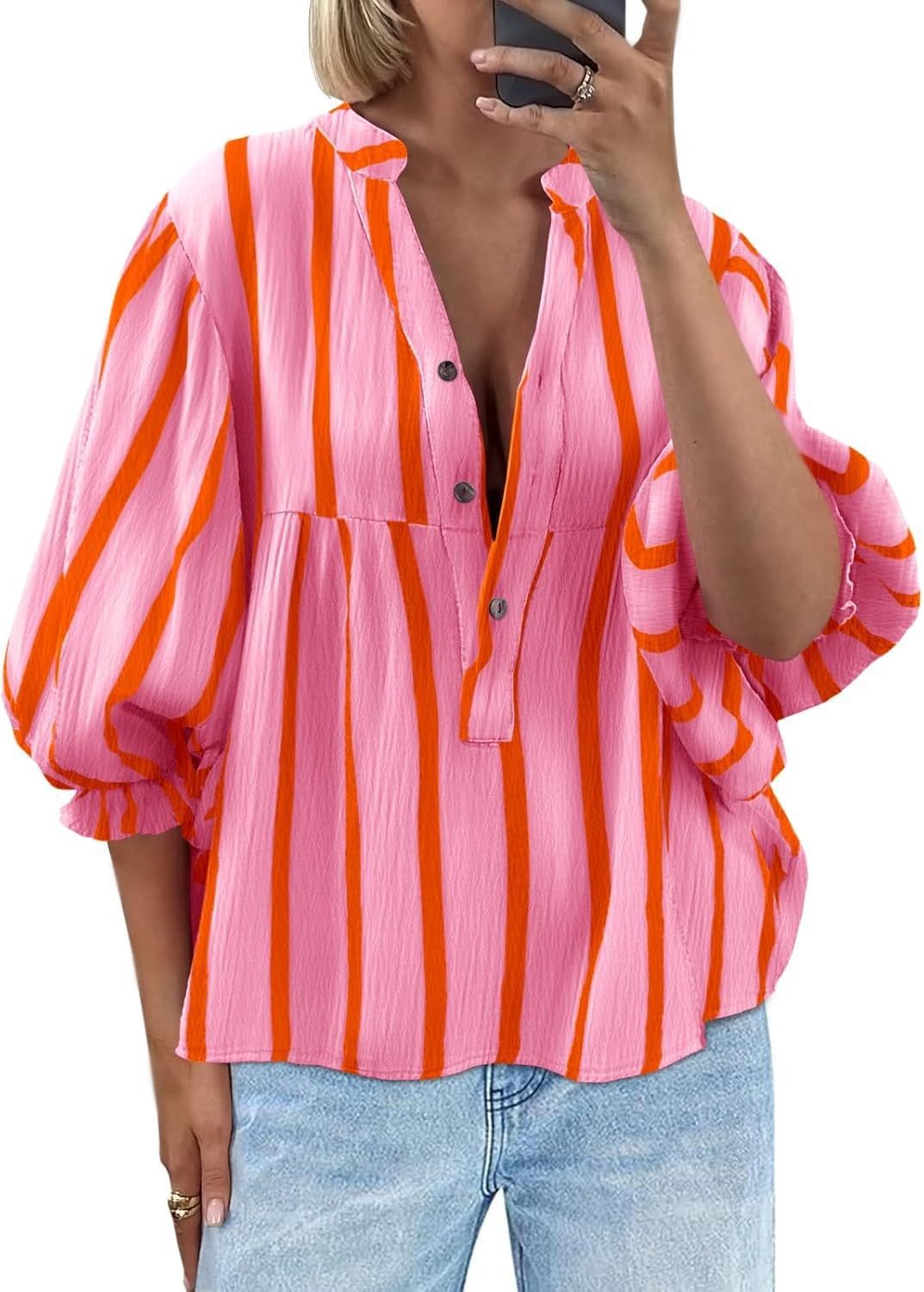 Women's Striped Shirt Puff Sleeve Loose Top