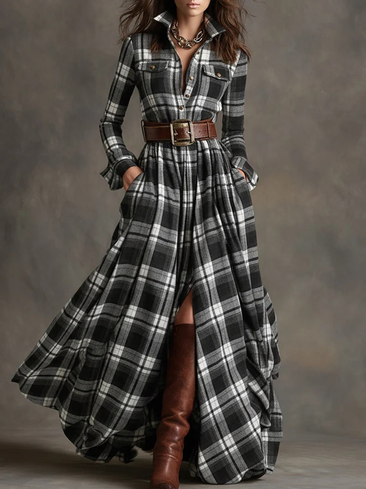 Ins Plaid Print Long-Sleeved Dress