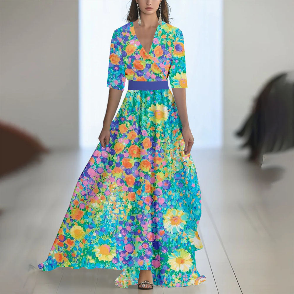 Printed Long Sleeved V-neck Patchwork Dress