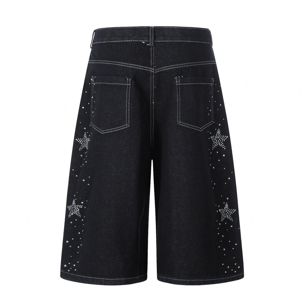 Men's Five-Pointed Star Rhinestone Straight-Leg Denim Shorts