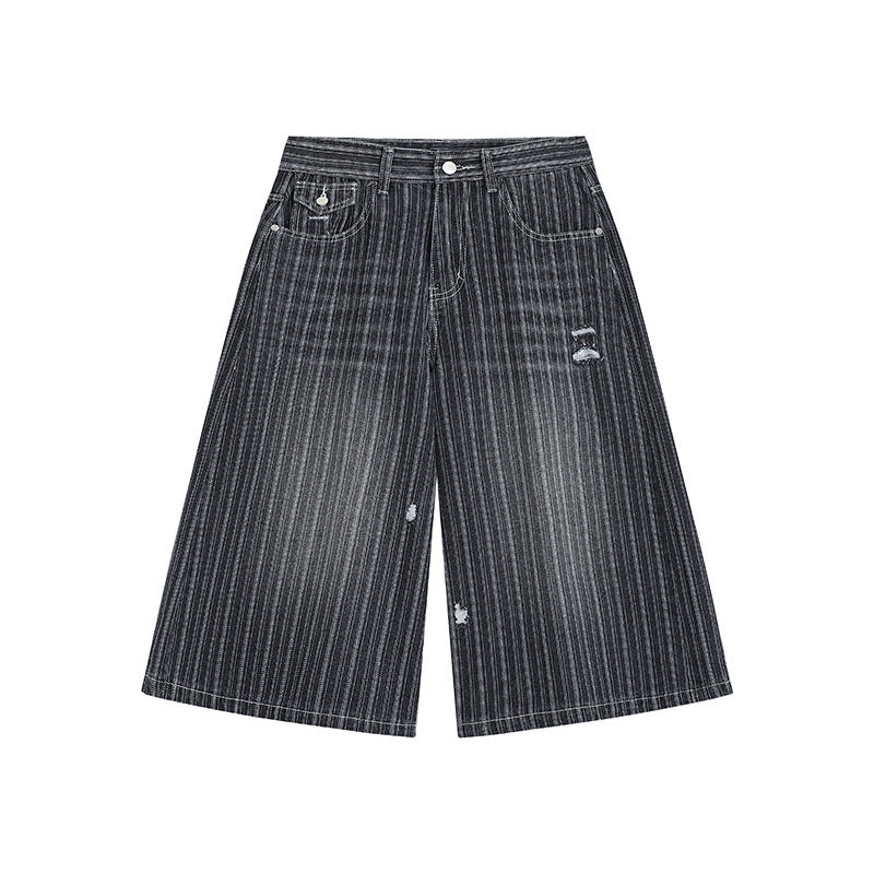 Workwear Striped Capri Denim Shorts