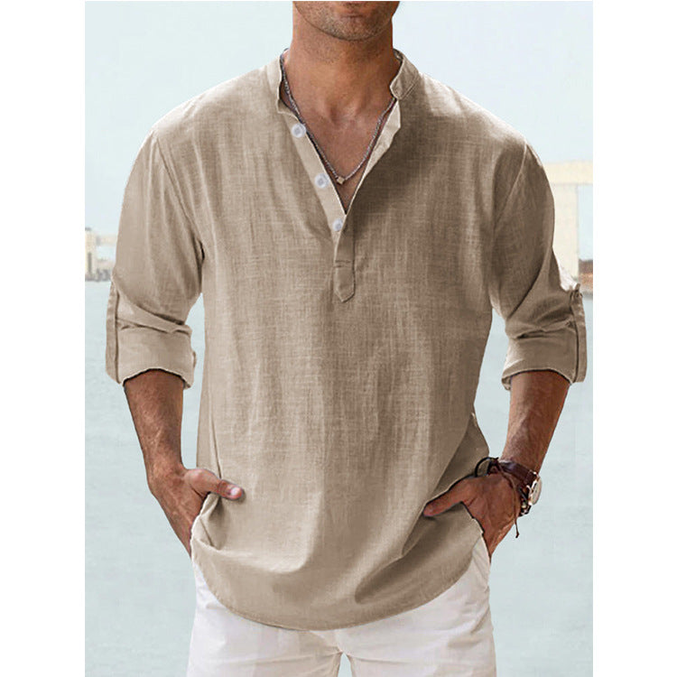 New Men's Casual Blouse Cotton Linen Shirt Loose Tops Long Sleeve