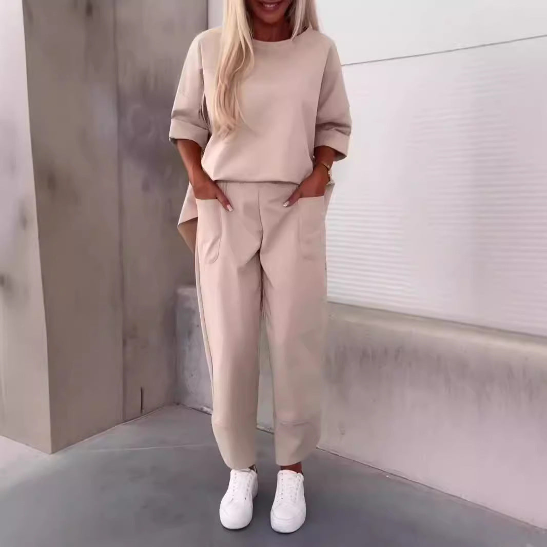 Two-piece Solid Color Round Neck Cropped Pants Set