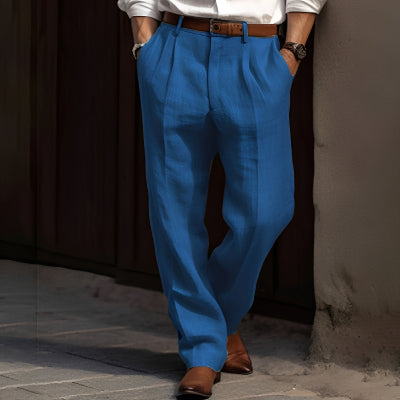 Men's Linen Trousers Double Pleated Front Pocket Straight Pure Color Comfort Breathable Casual