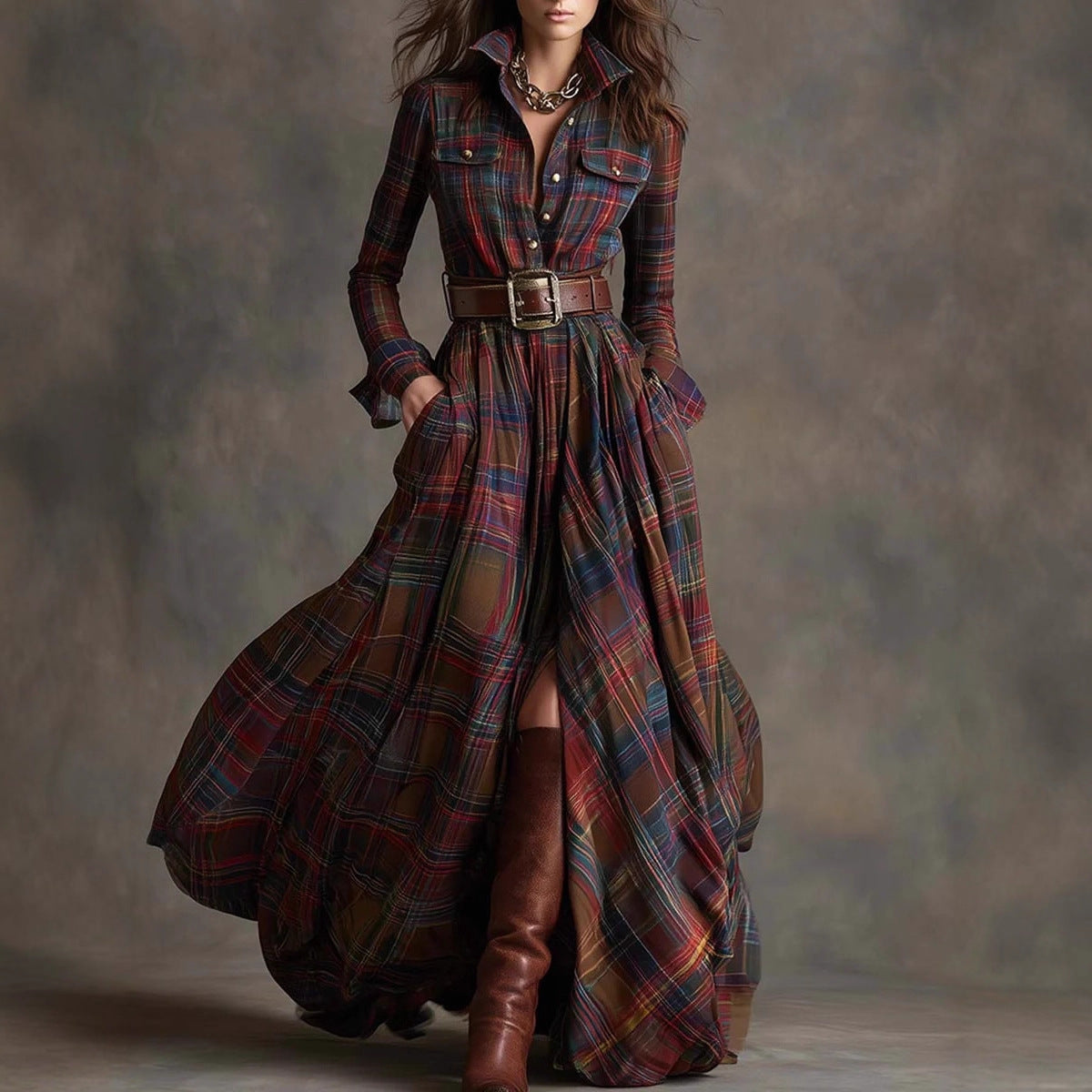 Ins Plaid Print Long-Sleeved Dress