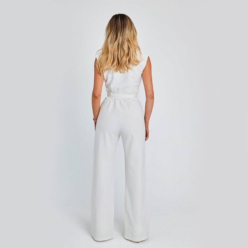 Modieuze en elegante lange mouwloze jumpsuit met V-hals, casual model met wijde pijpen voor de zomer, geschikt voor dames.