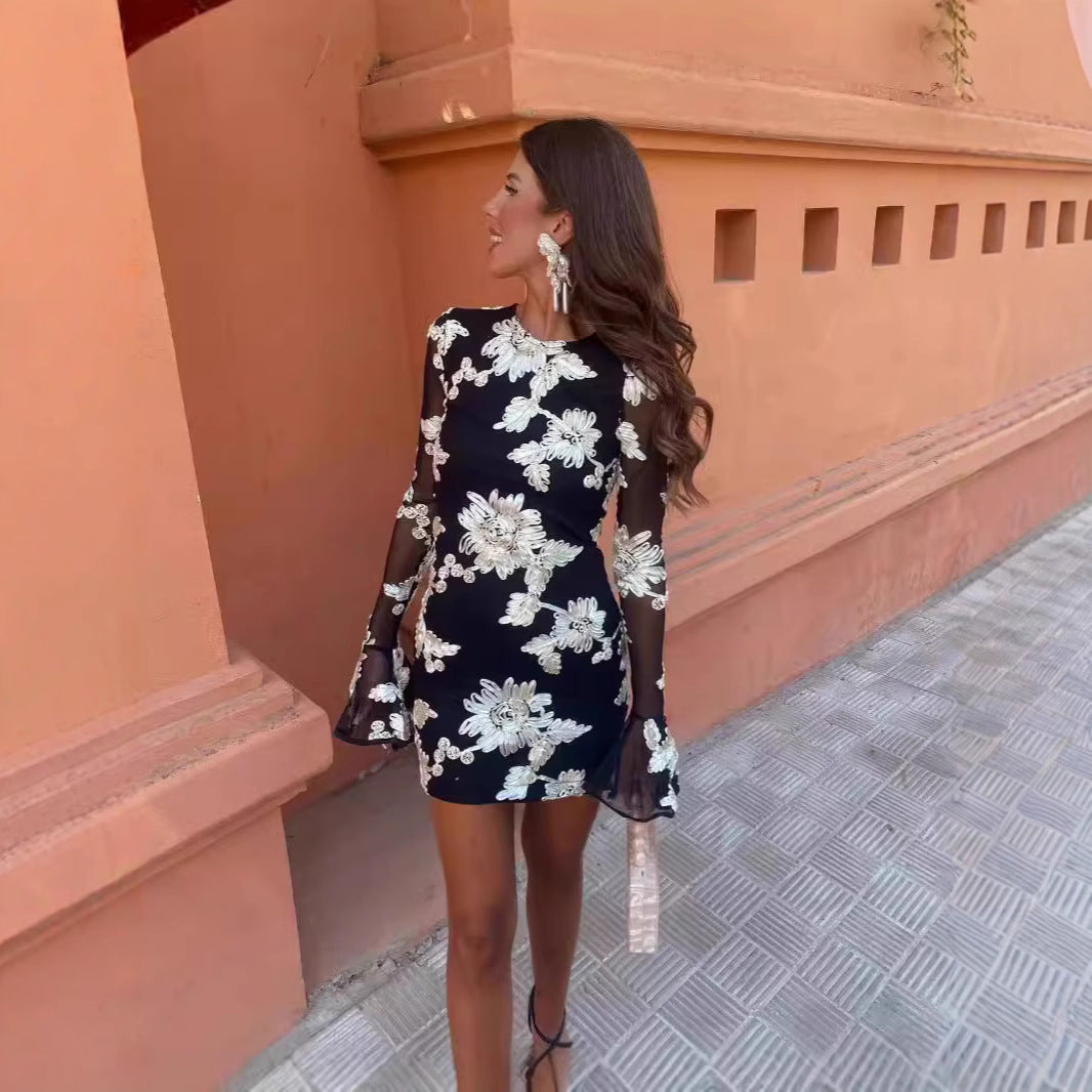 Flowers Bell-sleeved Dress For Party Club Women Clothing