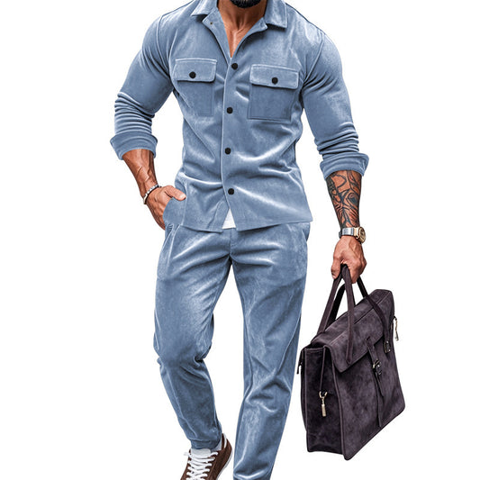 Men's Suede Solid Color Single-breasted Tooling Cardigan Two-piece Set