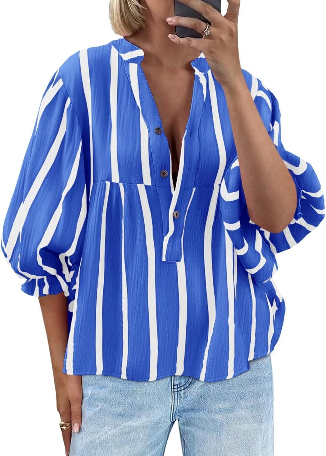 Women's Striped Shirt Puff Sleeve Loose Top